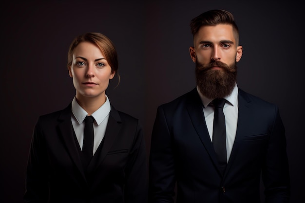 スーツを着た女性が男性の隣に立つ AIが生成したひげを生やした男性らしい男性