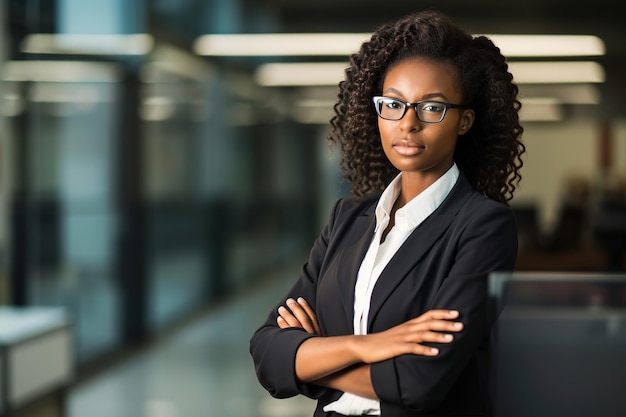 A woman in a suit stands in an office with her arms crossed.