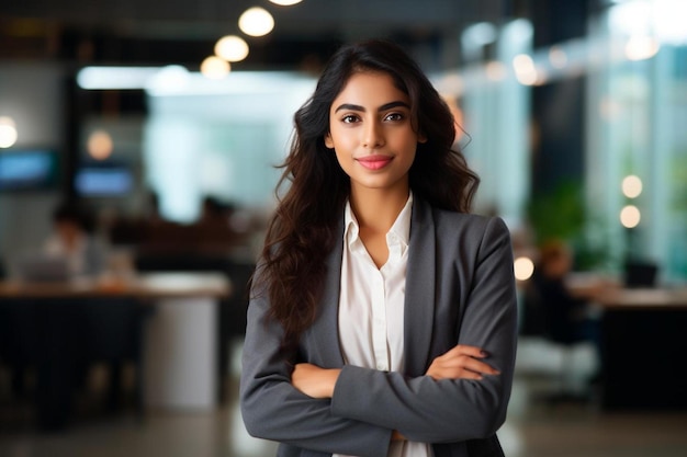 A woman in a suit stands in a room with a sign that says " she's a good job ".