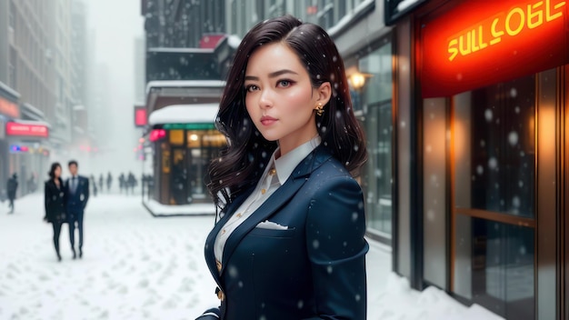 A woman in a suit stands in the snow in front of a store.