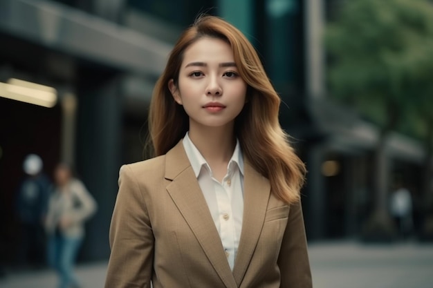 A woman in a suit stands in the street in front of a building.