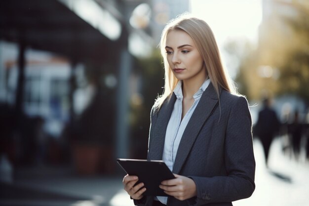 A woman in a suit stands in the street and looks at a tablet.