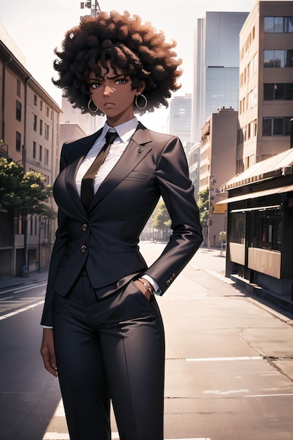 A woman in a suit stands in the street with the word black on the front.