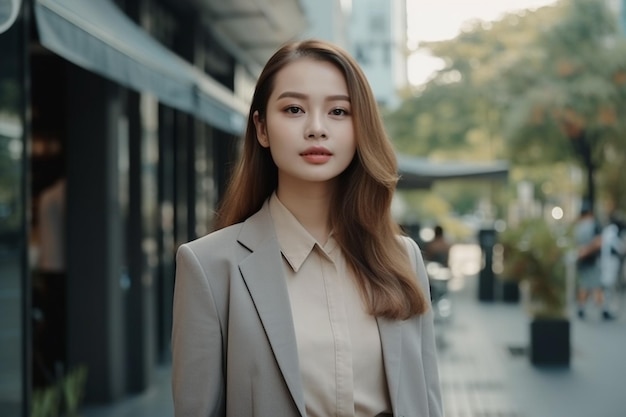 A woman in a suit stands in the street.