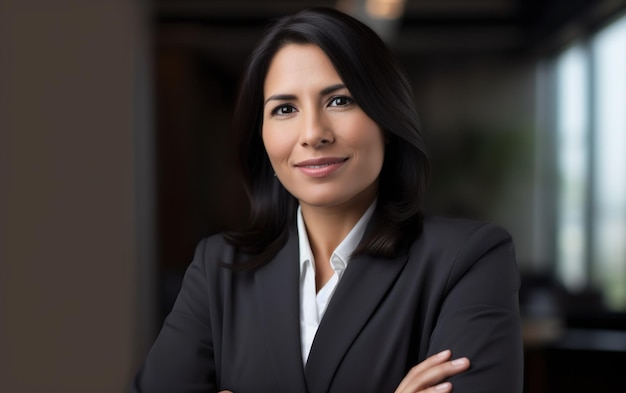 A woman in a suit stands with her arms crossed.