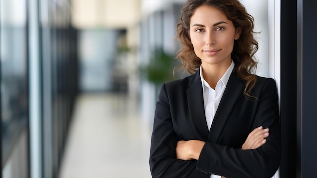 a woman in a suit stands with her arms crossed