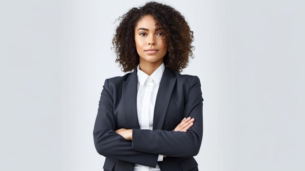 A woman in a suit stands with her arms crossed