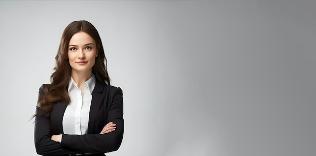 A woman in a suit stands with her arms crossed.