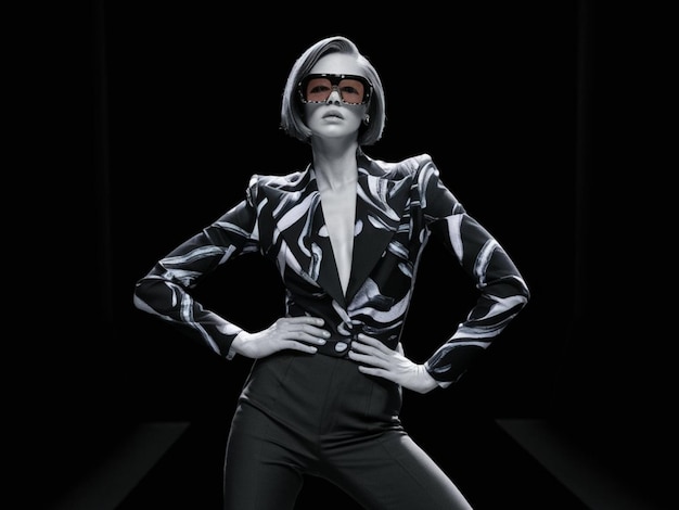 Photo a woman in a suit and sunglasses is posing in front of a black background