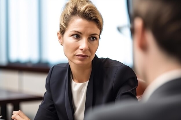 A woman in a suit talks to a man in a meeting.