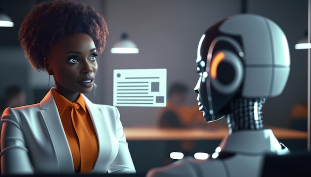 A woman in a suit talks to a robot.