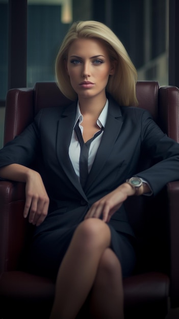 A woman in a suit and tie sits in a chair with a woman wearing a tie.