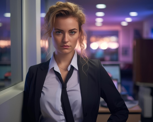 a woman in a suit and tie standing in front of a computer monitor