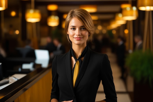 Woman in suit and tie standing in lobby with smile on her face Generative AI