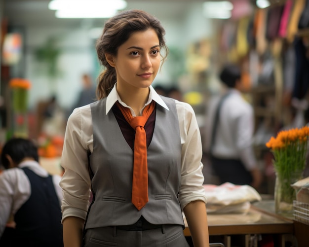 a woman in a suit and tie standing in a store