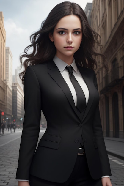 A woman in a suit and tie stands on a street.