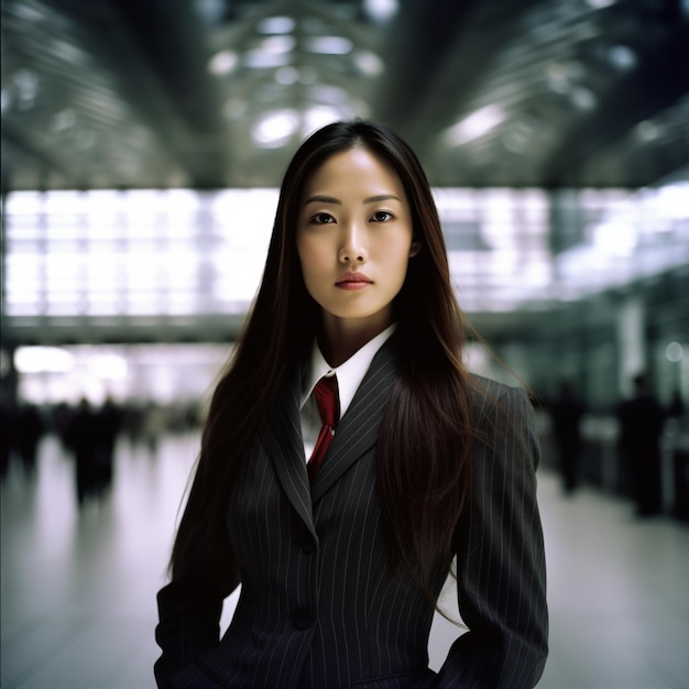 A woman in a suit and tie stands in a tunnel.