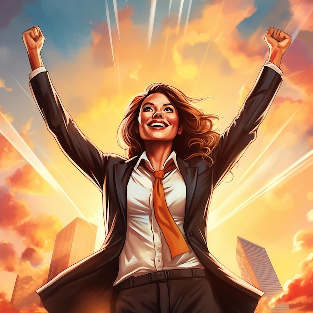 A woman in a suit and tie with her arms in the air