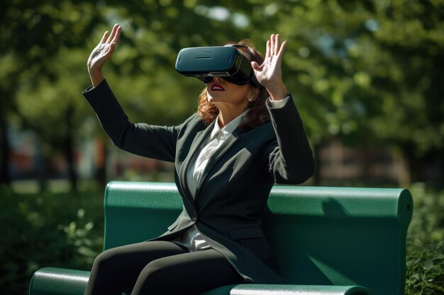 Foto una donna con un abito e occhiali vr e un parco creano una miscela armoniosa di lavoro e gioco