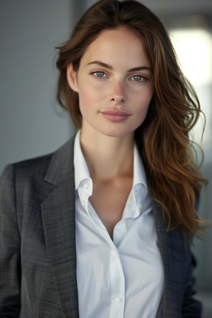 a woman in a suit and white shirt is posing for a photo