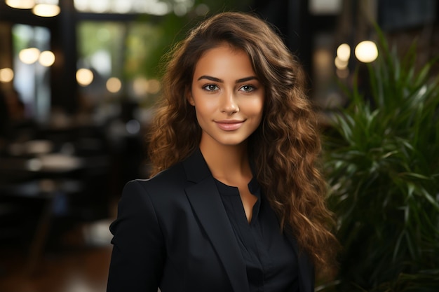 A woman in a suit with a black shirt and blue eyes.