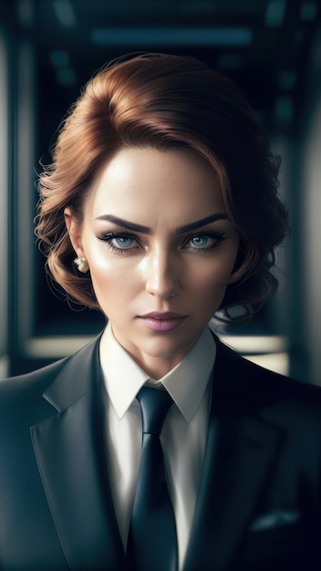 A woman in a suit with blue eyes and a black tie with a white shirt and a tie.