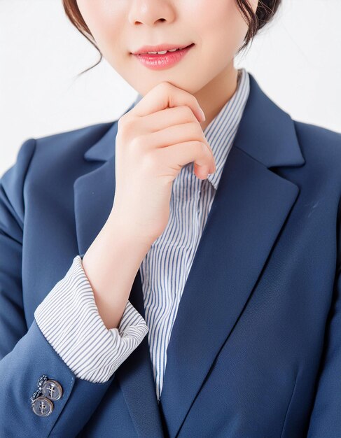 a woman in a suit with a blue shirt and a tie