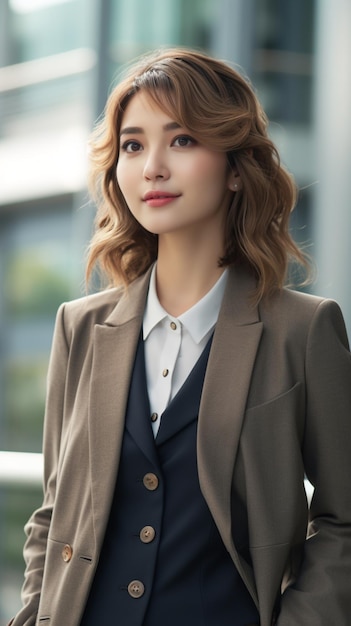 A woman in a suit with a brown jacket and a white shirt