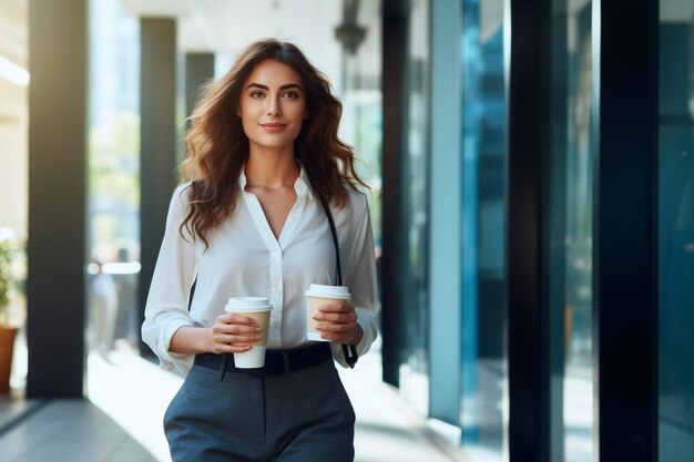 Una donna in abito con una tazza di caffè