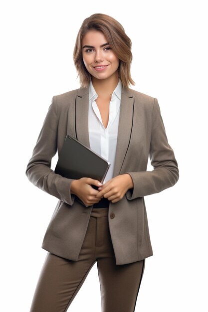 A woman in a suit with a folder and a book