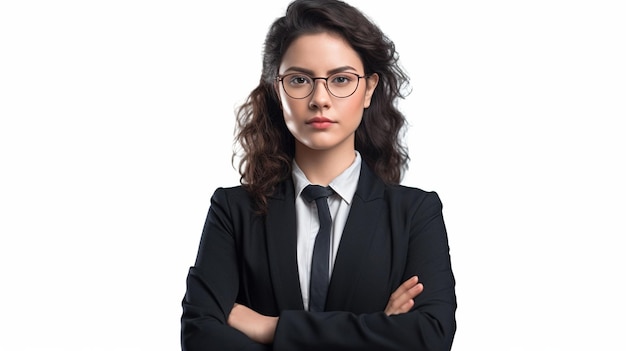 A woman in a suit with glasses and a tie