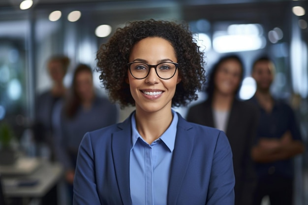 Photo a woman in a suit with a group of people in the background.