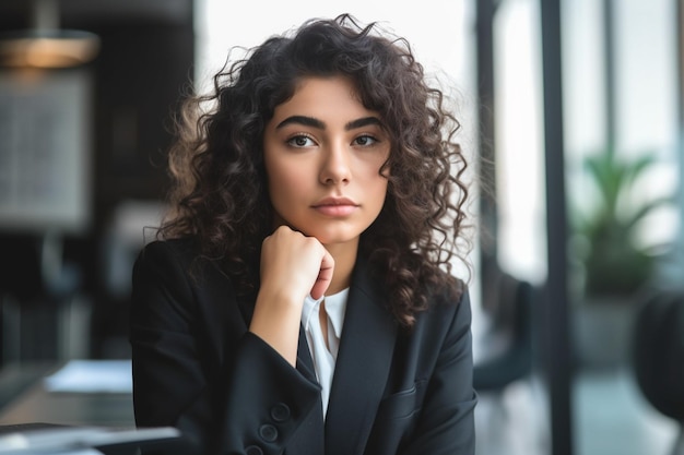 A woman in a suit with a hand on her chin