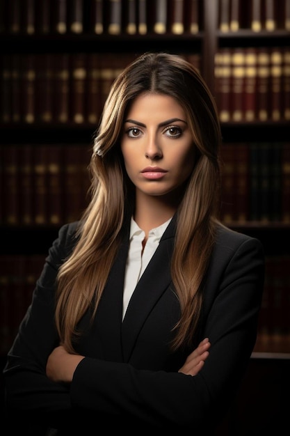 Photo a woman in a suit with her arms crossed in front of a bookcase