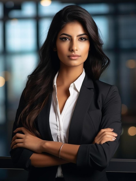 A woman in a suit with her arms crossed