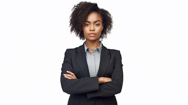 A woman in a suit with her arms crossed