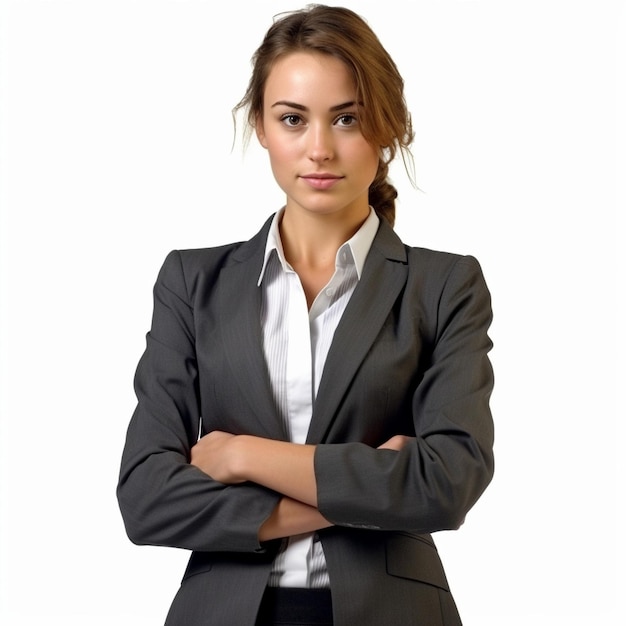 A woman in a suit with her arms crossed.