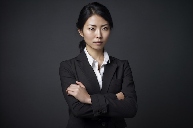 A woman in a suit with her arms crossed