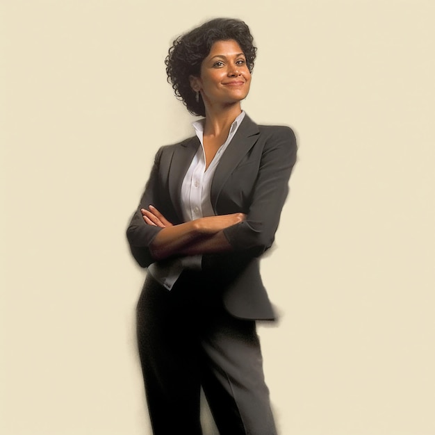 A woman in a suit with her arms crossed.