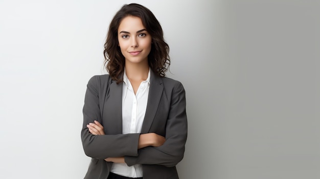 A woman in a suit with her arms crossed