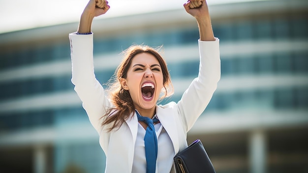 A woman in a suit with her hands up and a shirt that says'i'm a boss '