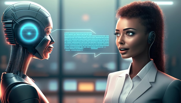 A woman in a suit with a robot face talking to a woman.