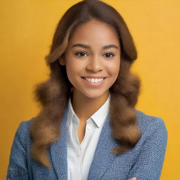 a woman in a suit with a smile on her face