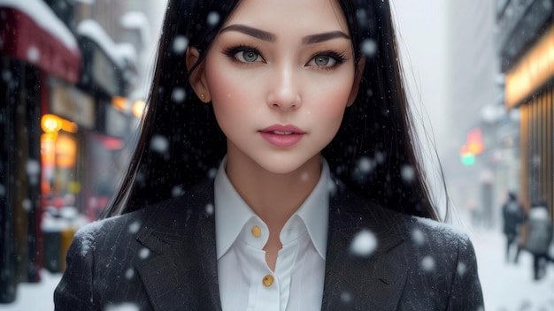 A woman in a suit with snow on her face