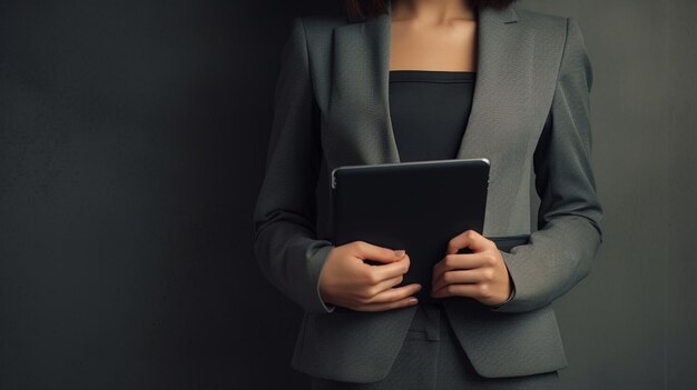 A woman in a suit with a tablet in her hands.