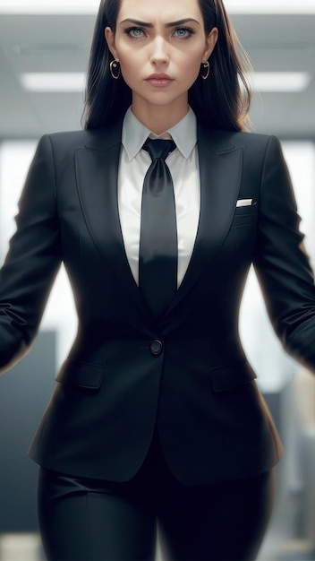 A woman in a suit with a tie that says'women in black '