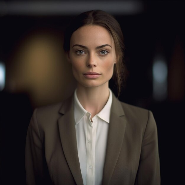 a woman in a suit with a white shirt and a brown blazer.