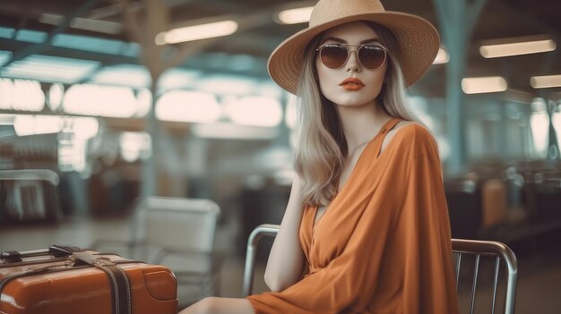 Woman on suitcases at the airport