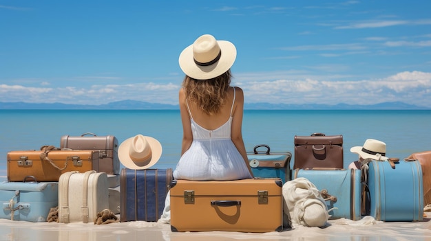 Woman on suitcases sea