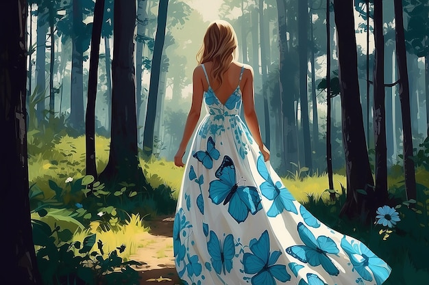 Woman in the summer forestBright dress butterfliesLong white blue summer dressDigital creative designer art drawingAI illustration